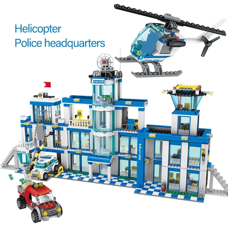 Street View City Police Station Building Blocks Military Helicopter Car SWAT Prison Bricks Model Toys For Kid Birthday Gift MOC