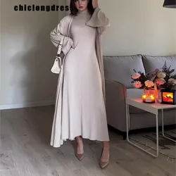 Spring Summer Fashiona Elastic Dress Set Muslim Women Elegant Solid Short Sleeve Long Dress Cardigan Two Piece Set Women