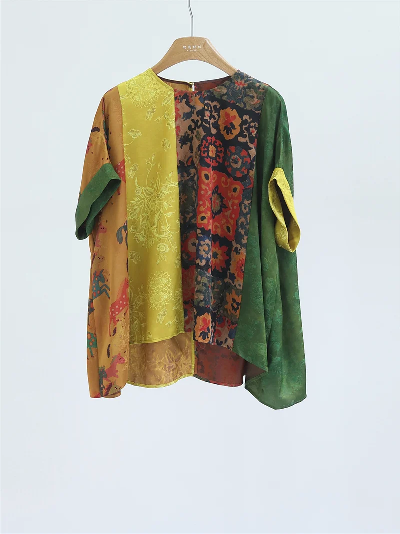 

Retro Floral Embroidery Silk irt Women's round Ne ort Sve Loose Fit Traditional Chinese Sle Top Faionable Patchw...