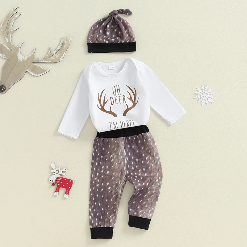 Baby Boys Fall Outfits Letter Deer Antler Print Crew Neck Long Sleeve Rompers Long Pants Hat 3Pcs Clothes Set