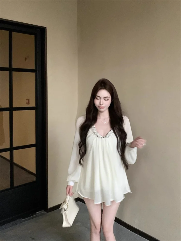 Camisa de gasa con cuello en V y lentejuelas de diseño de lujo para mujer, blusa holgada de manga larga de color albaricoque, Tops de estilo festivo 2025