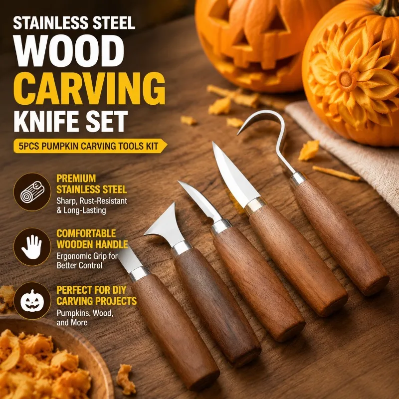 Stainless Steel Wood Carving Knife Set 5Pcs Pumpkin Carving Tools Kit DIY Woodworking Chisel Set