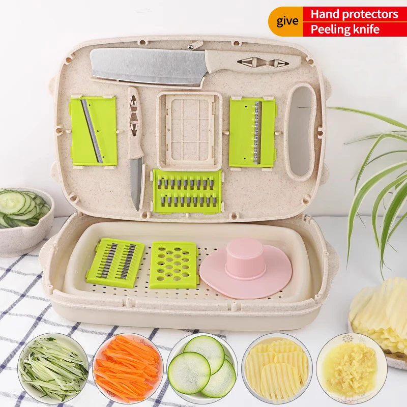 

9-in-1 Kitchen Fruit and Vegetable Tool Set Foldable Cleaning Tray Slicer and Shredder Combo Chopping Board