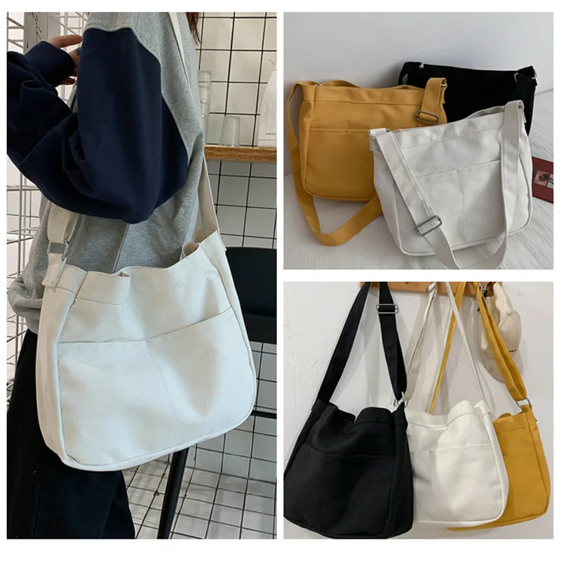 Large Capacity Students Canvas Shoulder Bags Female Handbags Korean Satchel Cotton Cloth Crossbody Bag Women 2023 School Bag