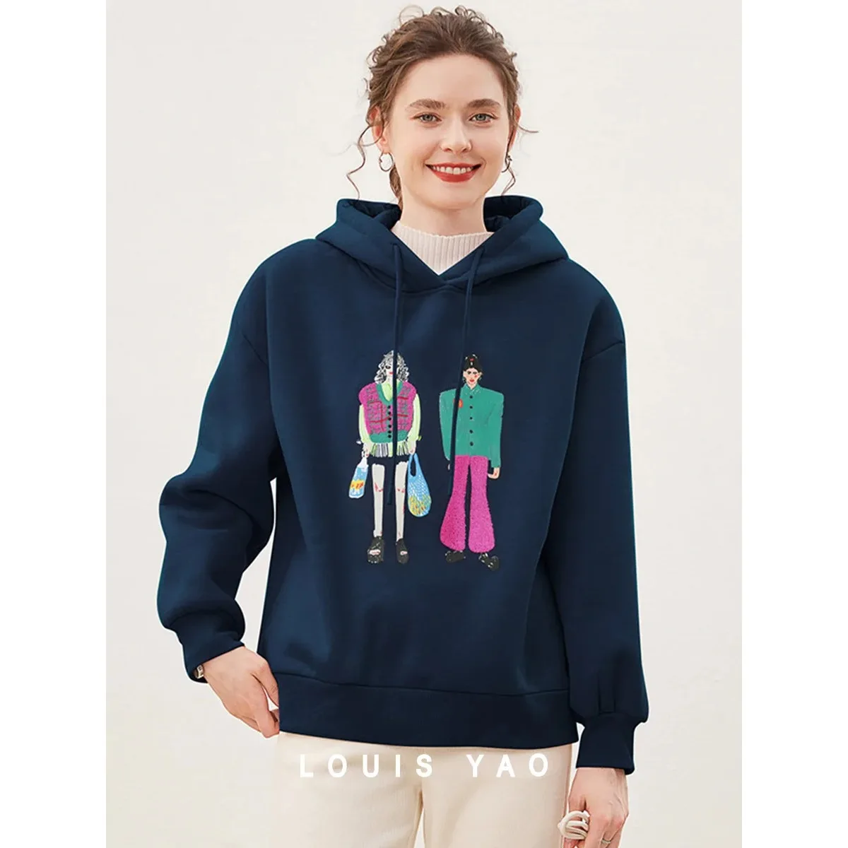 

LOUIS YAO Cartoon Character Pattern Women's Hoodie 2025 Winter Tops Collection with Velvet Thickened Chic Long Sleeve Hoodie