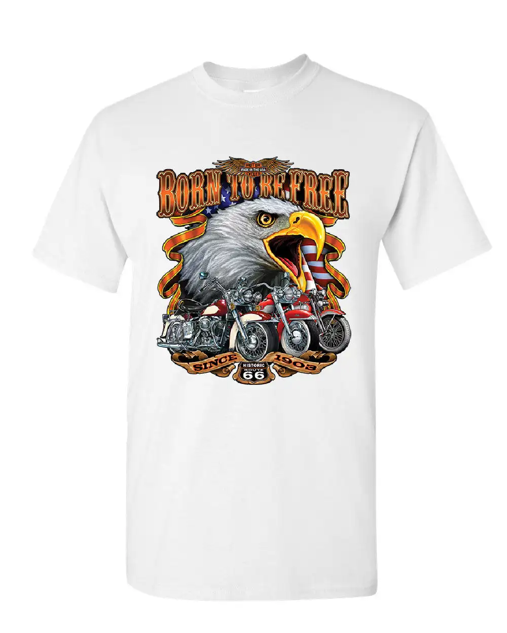 Born To Be Free Historic Route 66 Bald Eagle Motorcycle T-Shirt 100% Cotton O-Neck Short Sleeve Summer Casual Mens T-shirt - Image 3