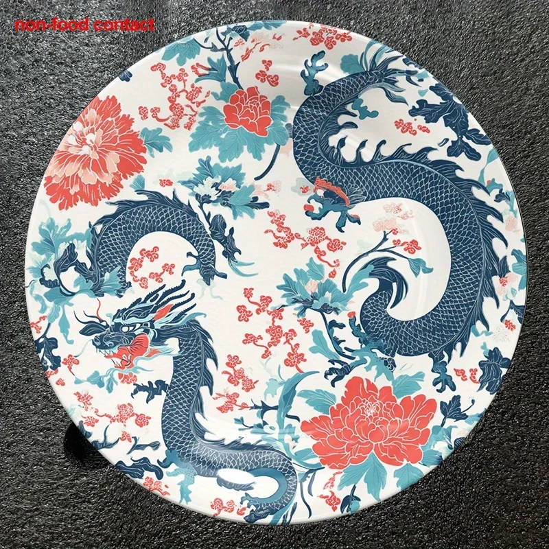 1pc 8-Inch Round Ceramic Hanging Wall Art Plate, Vintage Dragon and Peony Pattern, Decorative Home Decor, Jewelry Display Tray