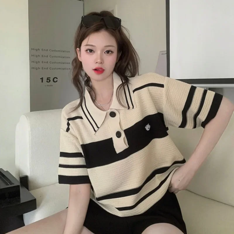 Summer Outfit Woman Tshirt Knitted Polo Neck T Shirt for Women Y2k Fashion Clothing Trend 2025 Sales Pretty Youthful Clothes In