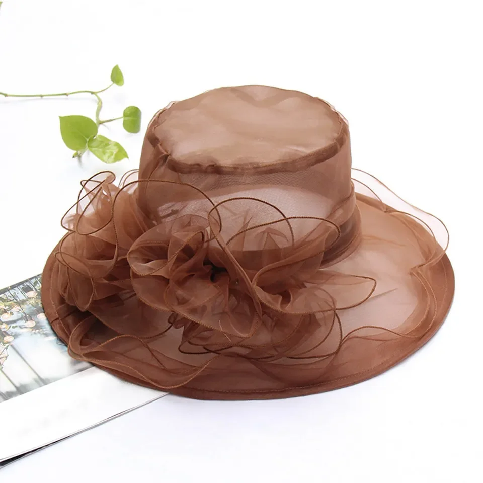 

Champagne Kentucky Church Hats For Women 2024 Summer Hat Organza Wedding Derby Hat Wide Brim Flower Fascinator Fedoras