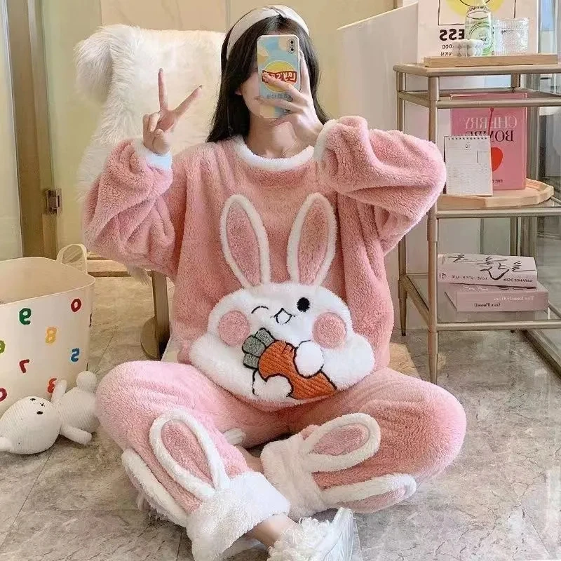 Velvet Pajama Woman Winter Kawaii Pajamas Set Women Pyjamas Plaid Flannel Sleepwear Girl Pijama Mujer Night Suits Homewear