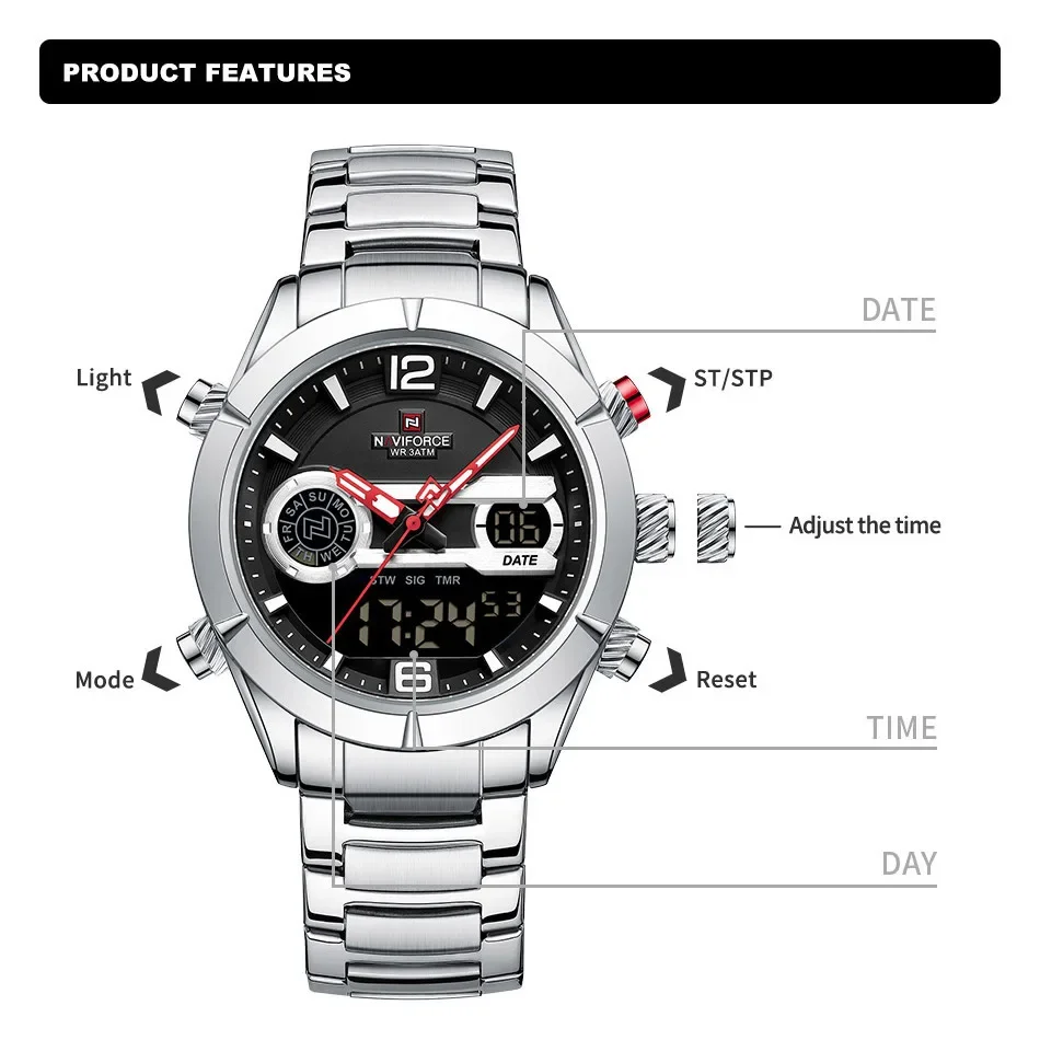 แพคเกจของขวัญนาฬิกาข้อมือผู้ชาย NAVIFORCE หรูหรา กันน้ำ นาฬิกาดิจิตอล นาฬิกาสปอร์ต ควอตซ์ สายสแตนเลสสตีลเรืองแสง สไตล์ทหาร