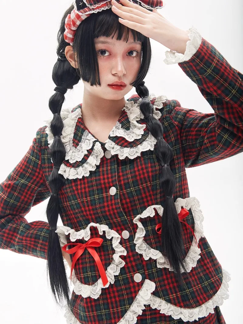 Original Design Japanese Blazer Retro Red Lolita Autumn And Winter Y2K Thin Bow Ruffle Edge Cute Sweet Beautiful Women's Coat