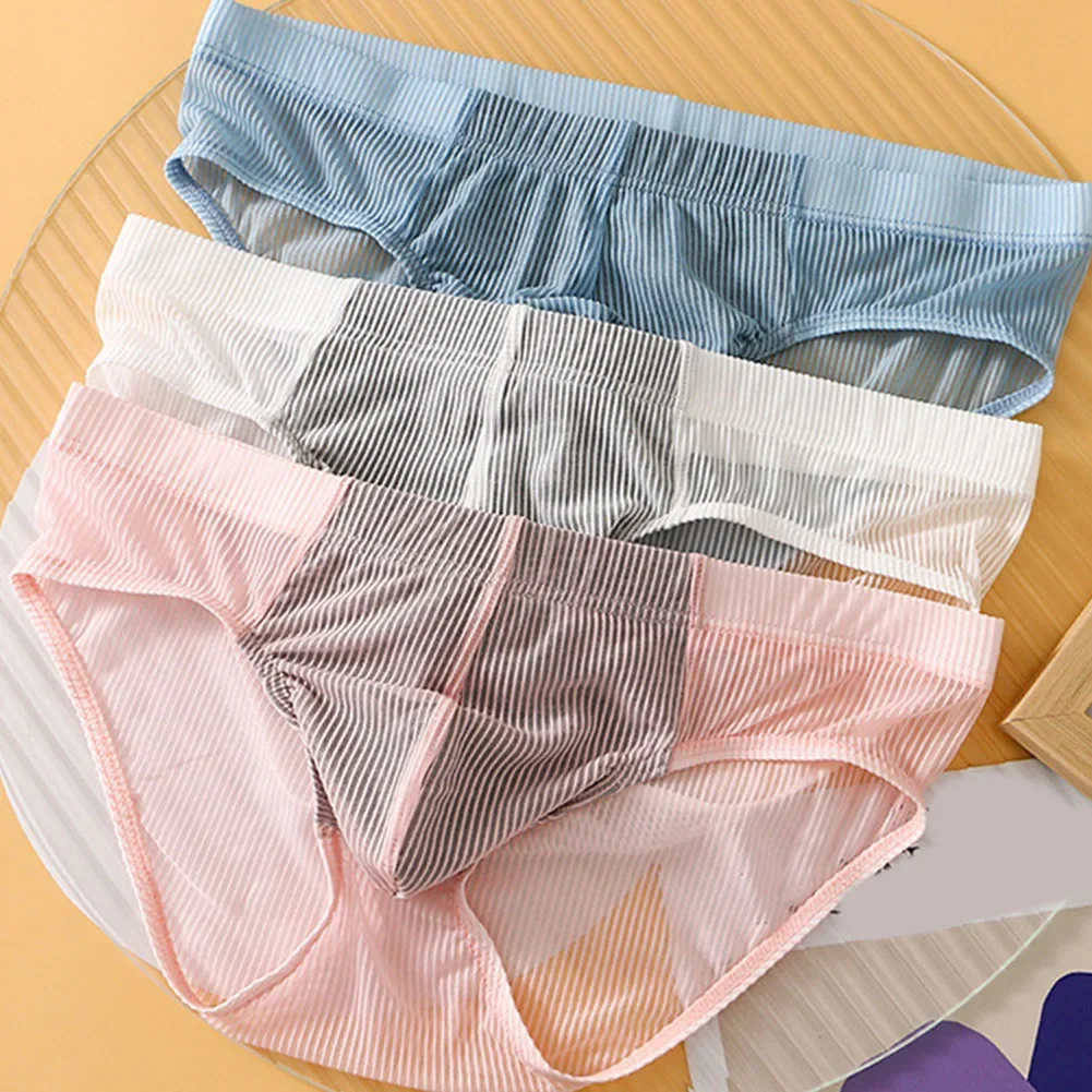 

Mens Thin Mesh Underwear Low Rise Briefs Solid Color Simple Striped Ice Silk