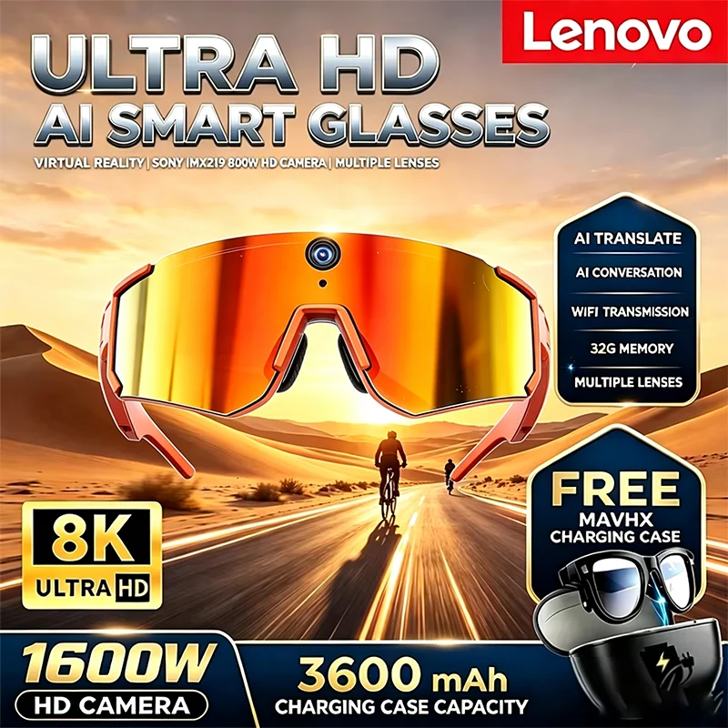 Lenovo 2026 New 2400W ChatGPT AI Smart Glasses 1080P Anti Shake Video Sport Cycling Sunglasses Dual Mic 32GB Windproof Goggle