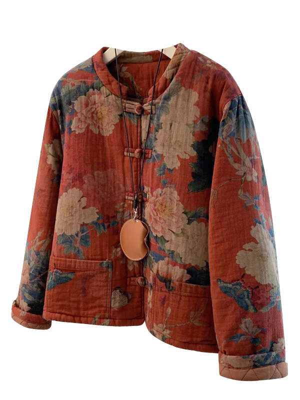 

Authentic Vintage Cotton Jaet ort Sle Stand Collar Women's Winter Warm Top Quali Commute Loose Fit Printed Cotton