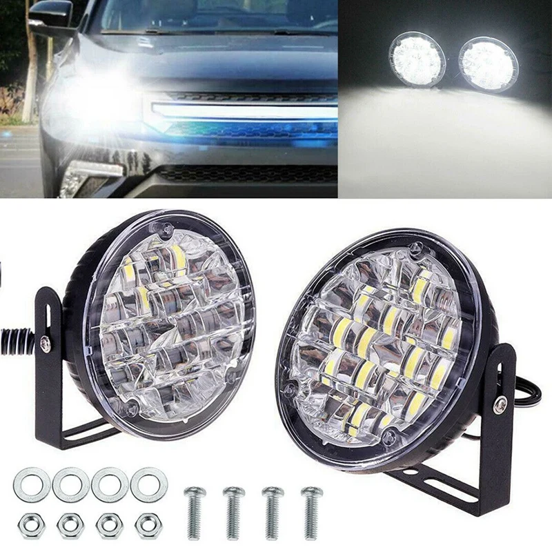 ラウンドカーフォグランプ,運転,ランニングライト,ホワイト,dc,12v,18 LED,drl,2個