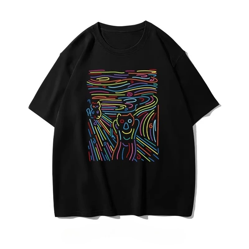 

Причудливый и кричащий котенок, веселый дизайн линии картины маслом, нишевая свободная футболка с короткими рукавами для мужчин и женщин Camiseta