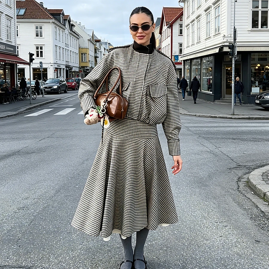 Damen Frühlings-Rockanzug Eleganter Einreihiger Karierter Pilotenblazer mit Seitenreißverschluss und Plissiertem Midikleid Damenanzug