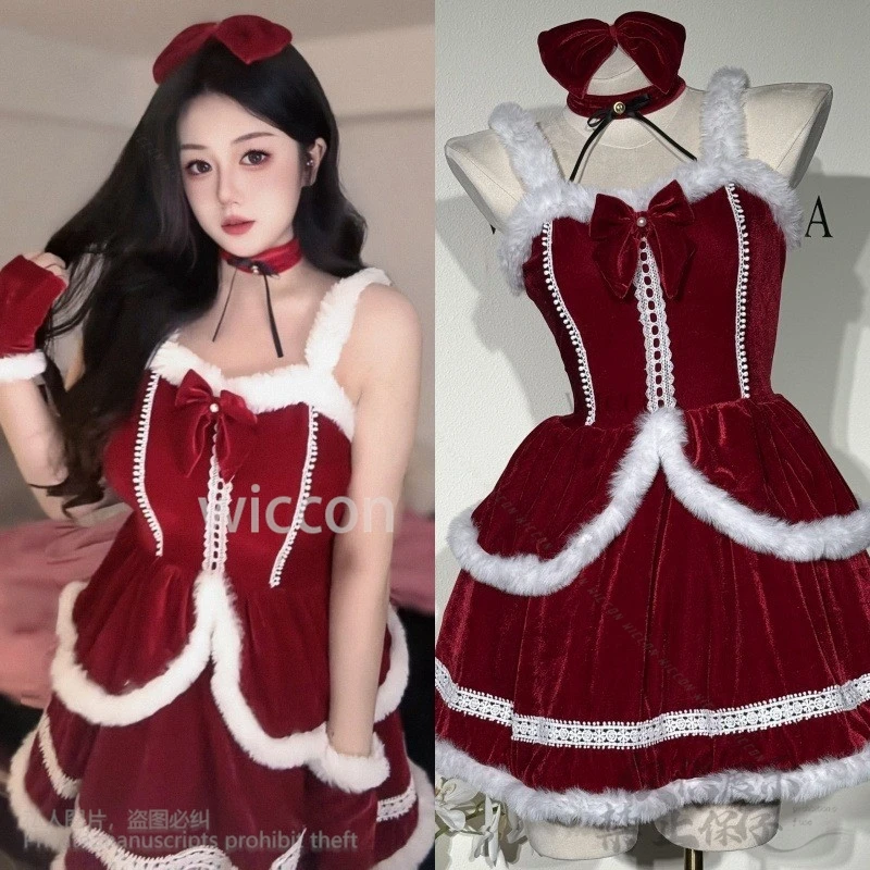 Christmas 2024 New Costume Maid Dress Sexy Red Lolita Cosplay Anime Santa Claus Cute Ladies Slim Plush Cos For Girls Customized