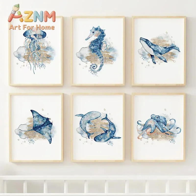 Jellyfish Seahorse Whale Shark Octopus Nordic Nursery Wall Art Posters Art Prints Canvas Painting  Pictures Baby Kids Room De