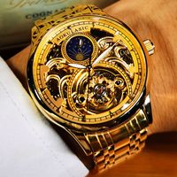 AOKULASIC Royal Gold Skeleton Automatic Watch for Men Luxury Tourbillon Mechanical Watches Stainless Steel Strap Luminous Clock