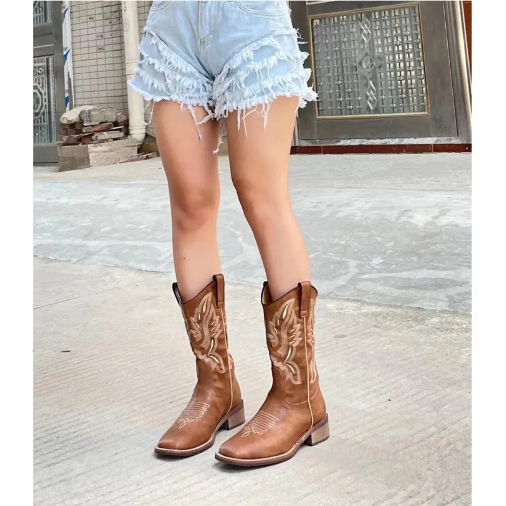 2024 Maillard Style Retro Brown Cowboy Boots for Women Wasteland Square Toe Embroidery Mic-calf Western Boots Shoes 35-40