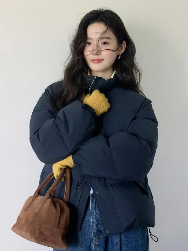 

Women's Thiened Loose White Du down Stand Collar Puffer Jaet Pure Color Simple Sle Warm Windproof Bread Coat