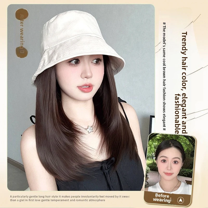 Hat Wig One-Piece Female Natural Fashion Sun-Proof Sun-Proof Bucket Hat Straight Hair Synthetic Wig Full-Head  wigs for women