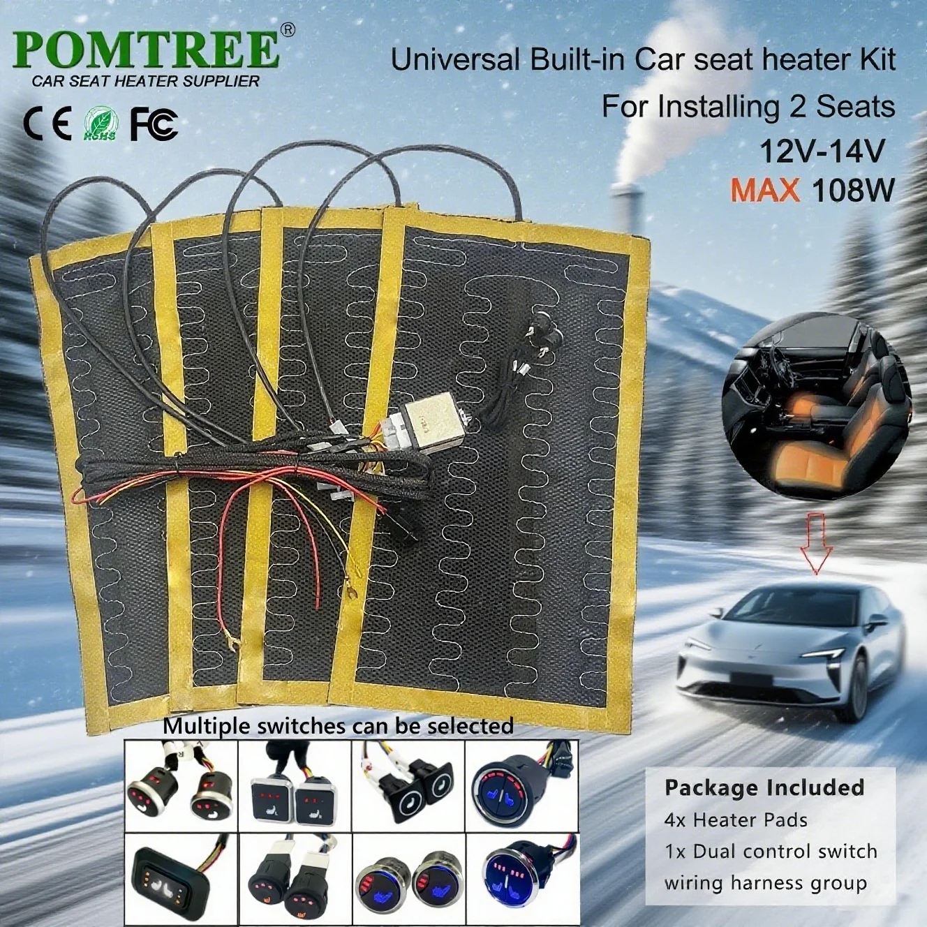 

12V 108W Built-In Car Seat Heater Kit Fit 2 Seats,With 3-Level Dual Control Switch 4Pcs Universal Alloy Wire Heating Pads Warmer