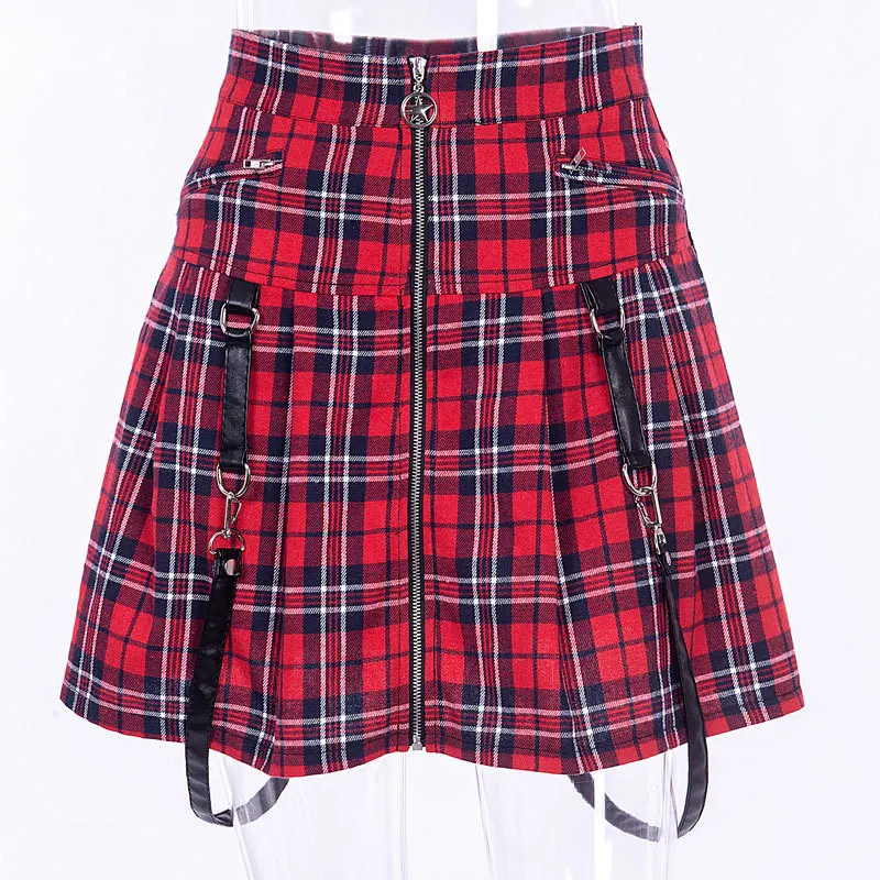 Women Girl's Gothic Punk Rock Dark Metal A Line A Shape Skirts Red Scotland Kilt Harajuku Lolita Pentagram Skirt Pentacle Belt