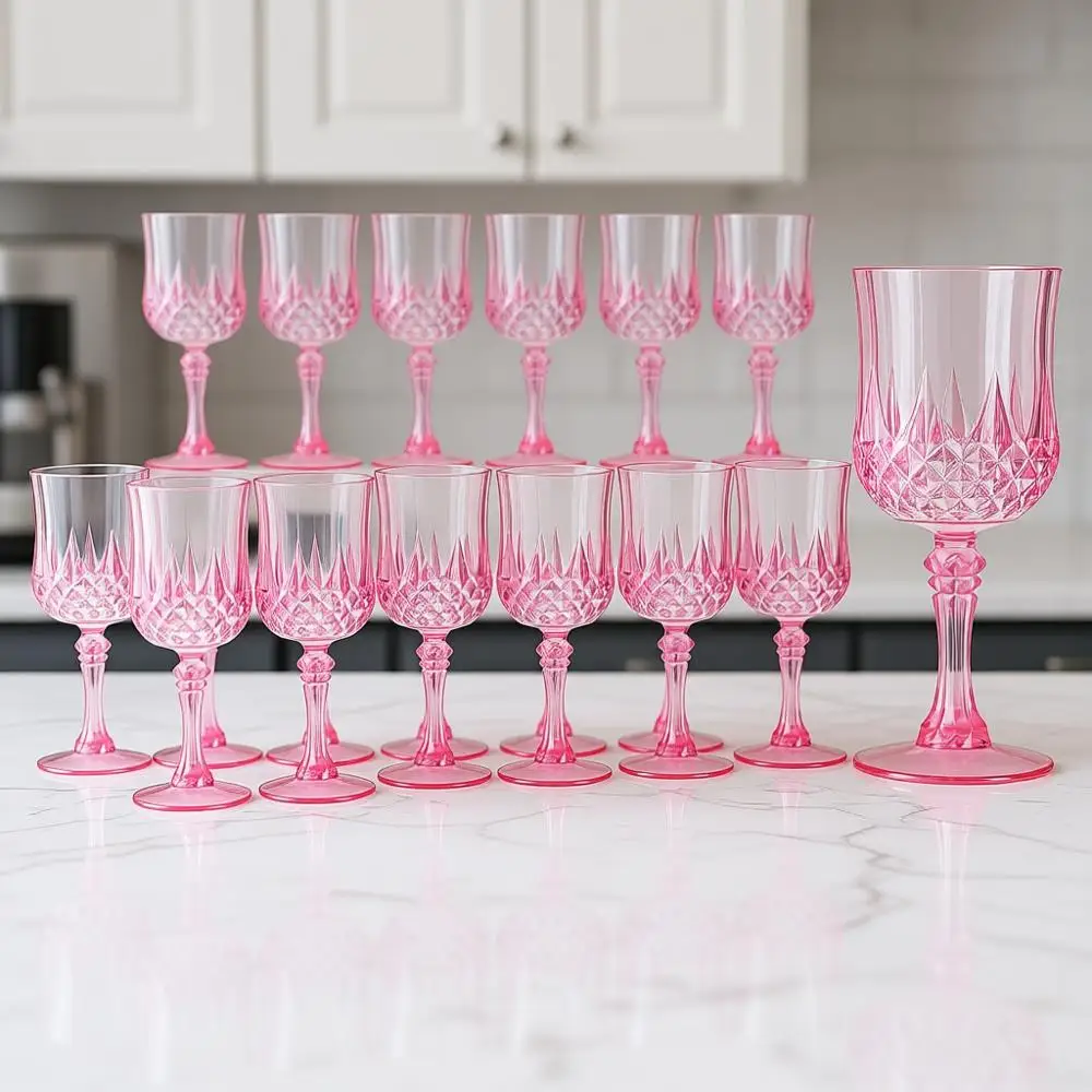 

Набор из 24 розовых многоразовых пластиковых бокалов для вина 7 унций, винтажные фужеры для шампанского, пластиковые хрустальные бокалы для воды на ножке