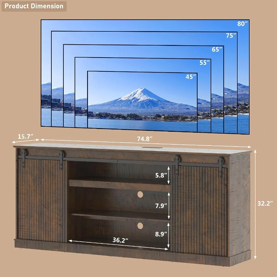 74W Farmhouse TV Stand with Sliding barn doors, Charging Shelves, Brown