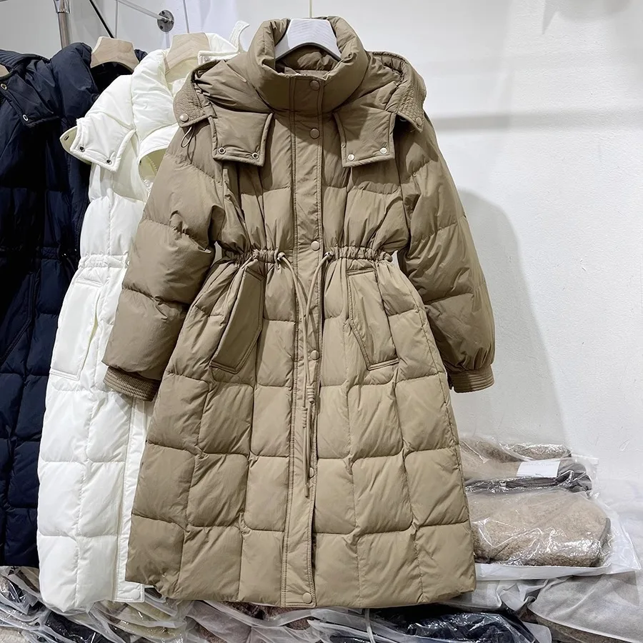 

Winter Hooded Knee Length Parker Down Jacket Female Waist Drawstring Warm Outwears Women White Duck Down Thick Long Down Jackets