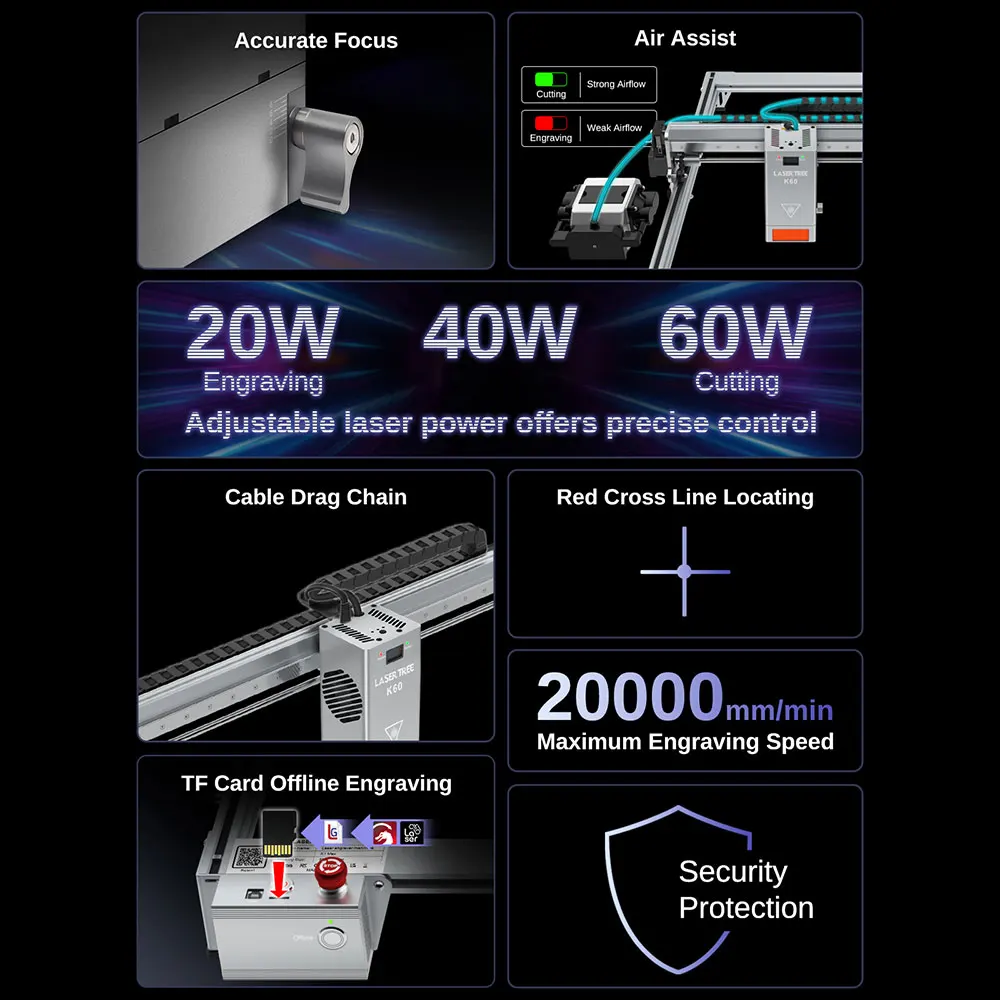 LASER TREE K1 MAX Laser Engraver with 60W Laser Module Engraving Cutting Machine CNC Woodworking Tools Engraving Area 800*600mm