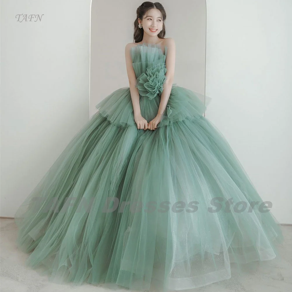 TAFN Mint Green Korea Wedding Dresses A-line Pleat Tulle Ball Gown Strapless Flower Bridal Gown Photo Shooting Custom Made