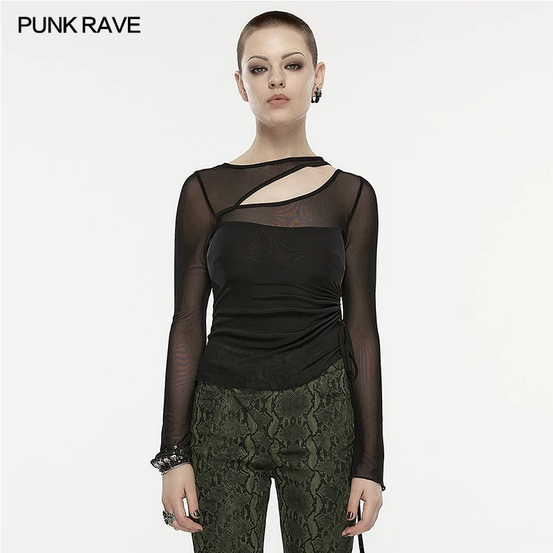 

PUNK RAVE Women's Punk Oblique Slit Fitting Long-sleeved Mesh T-shirt Daily False Two-piece Design Small Flare Cuff Dark Tops