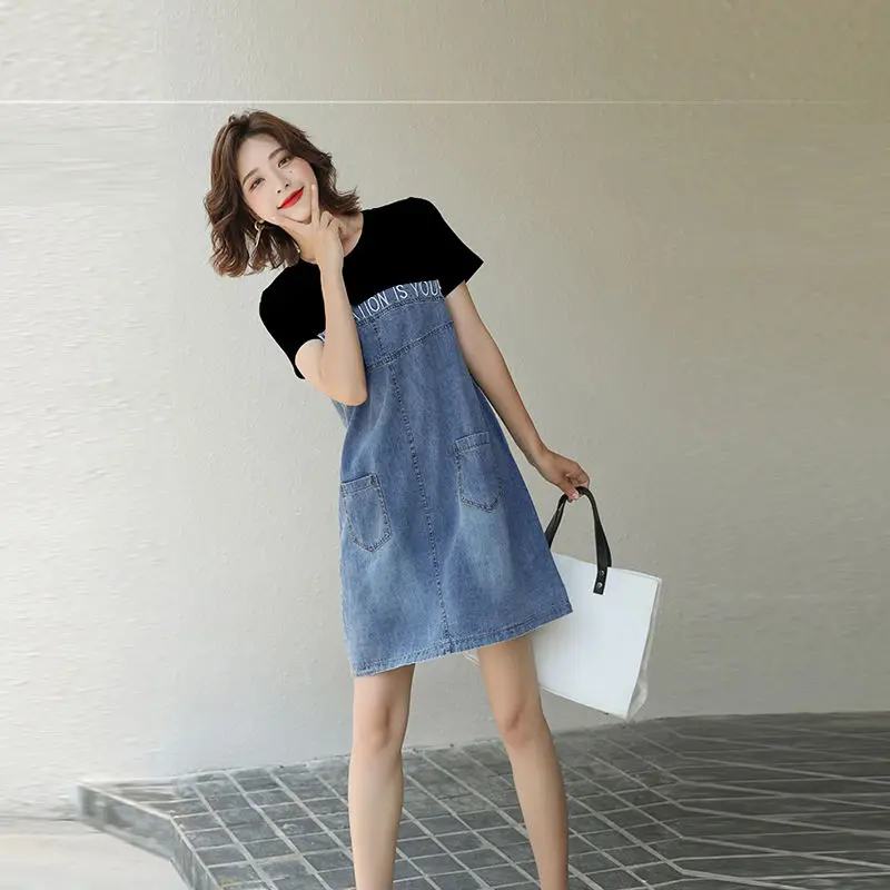 تي شيرت الربط فستان الدنيم الصيف النسخة الكورية الجديدة فضفاضة كبيرة الحجم رقيقة مزاجه تنورة وهمية قطعتين بسيطة التنقل