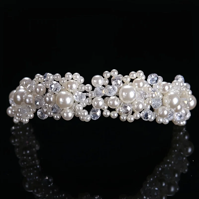 Pearl Crystal Headband Tiara Rhinestone Flower Bridal Headband For Women Bridal Wedding Hair Accessories Jewelry Band Headband