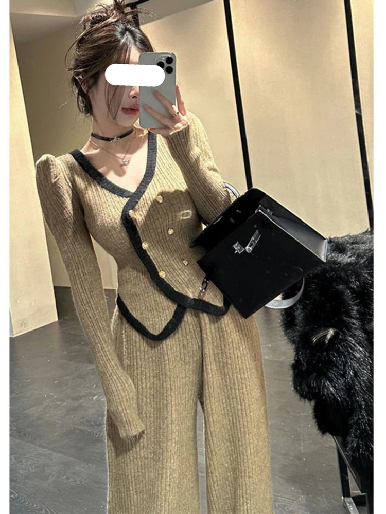 Knitted Sweater 2 Peice Set Women Winter Autumn Warm V-Neck Cardigan Straight Jogging Pant Suits Casual Oversize Tracksuit Women