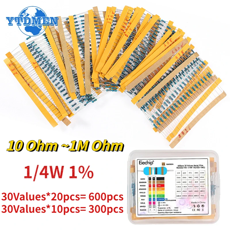 300/600pcs 1/4W Metal Film Resistor 30 Values Resistance Kit 10R-1M Ohm 0.25W 1% Resistors Set