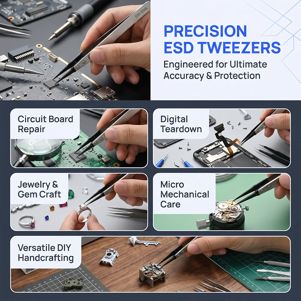 ESD-259A Anti-static Tweezers Matte-finish Stainless steel Tweezers Electronics, Jewelry, Digital Devices Precision Repair tool