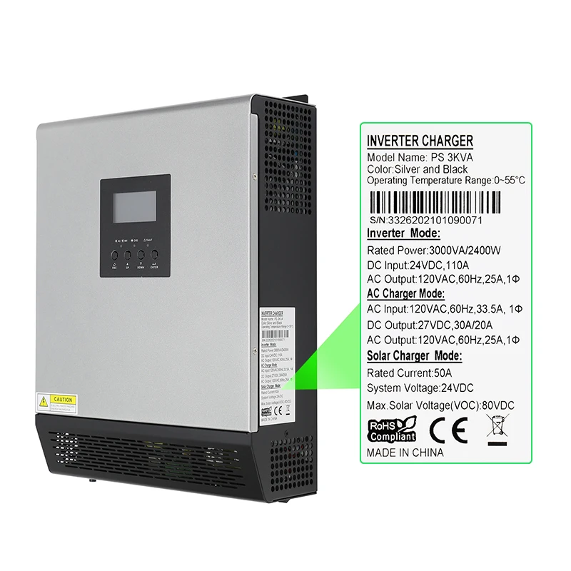 ECGSOLAX 3KVA عاكس شمسي هجين 24 فولت 110 فولت مدمج 50A PWM جهاز التحكم بالشحن بالطاقة الشمسية 2400 واط موجة جيبية نقية عاكس هجين للطاقة الشمسية #3