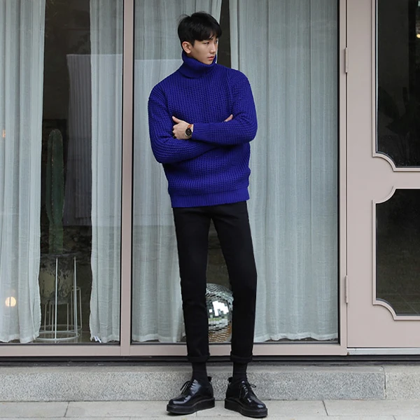 

2024 Autumn Winter Men's Turtleneck Sweater Knitting Solid Color Pullovers Rollneck Warm Men Jumper Loose Knitwear Top C83