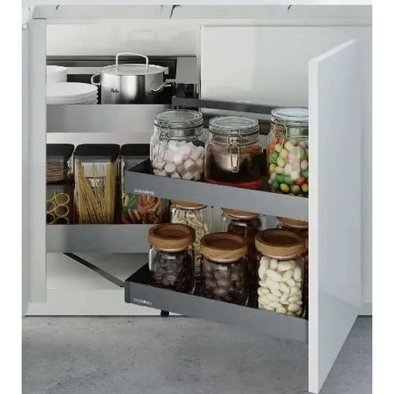 Heavy Duty Corner Cabinet Pull Out Storage Basket Modern Kitchen Organizer Rack With Linkage Design For Pantry Cupboard Space