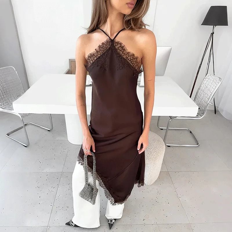 

Ticketsx Fashion Lace Backless Dress Solid Women's Satin Patchwork Asymmetrical Long Dress Elegant New Summer Streetwear Dresses