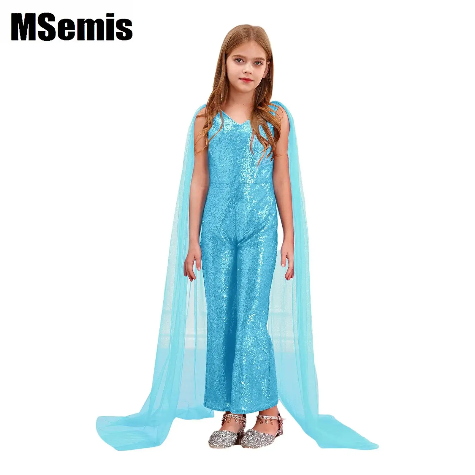 

Flower Girl Party Gown for Kids Girls Sparkly Sequined Party Romper V Neck Cape Sleeve High Waist Wide Leg Pants Jumpsuit