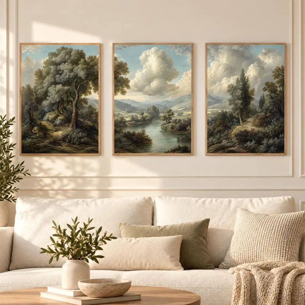 Vintage Pastoral River Valley Landscape Painting Calligraphy 3 PCS Canvas Wall Art Prints for Living Room Decor Wall Decals