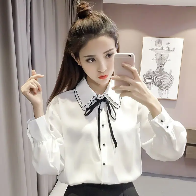 

Women Clothing Office Lady Long Sleeve Blouse New Spring Autumn Neck Button All-match Elegant Shirt Tops Fashion Korean