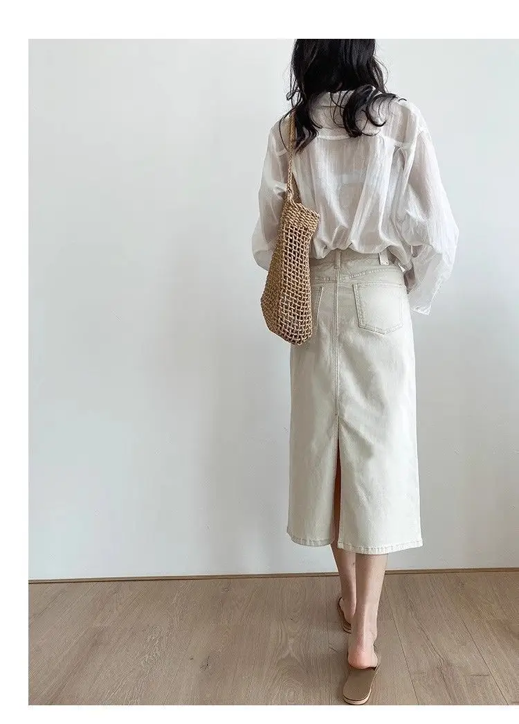 Solid Denim Long Skirts for Women Vintage Casual High Waist Slit A Line Skirts Summer 2025 New Fashion Simple Y2k Skirt