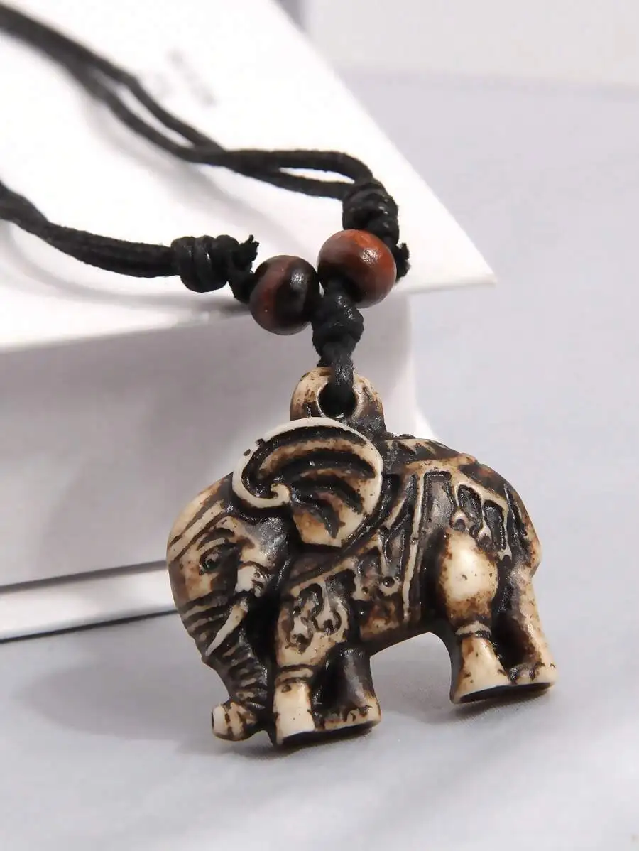 

Lucky Elephant Pendant Necklace Ethnic Style Rope Chain For Women